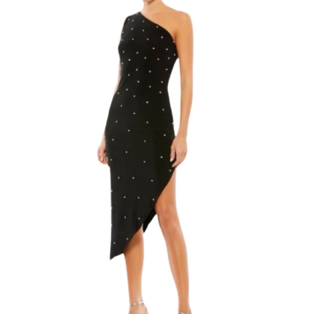 NWT Ieena Mac Duggal 55646 Rhinestone One Shoulder Asymmetric Black Dress- Sz 14